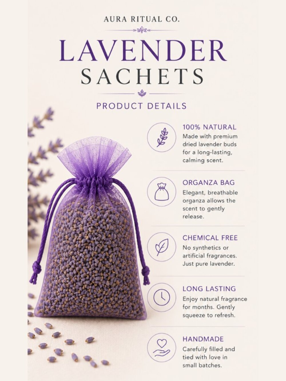 French Lavender Sachets Drawer Fresheners - Set of 5 - Picture 3 of 11